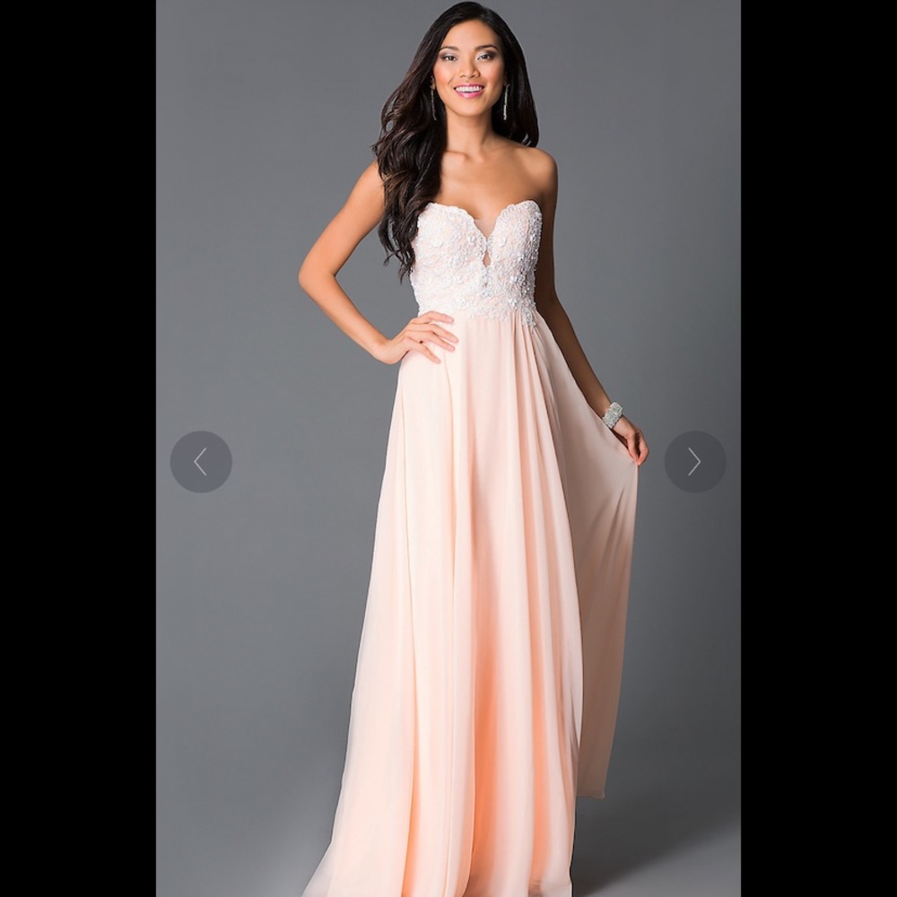 Prom Girl floor length sweetheart peach prom dress